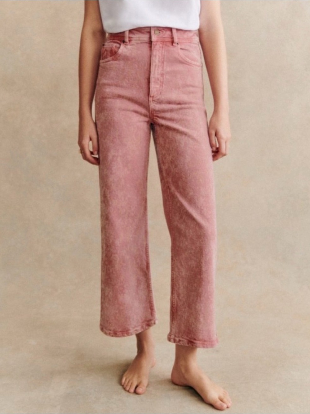 Sezane Le Crop Jeans High Rise Wide Leg Cropped Ankle Cotton Rose Pink Size 0-2